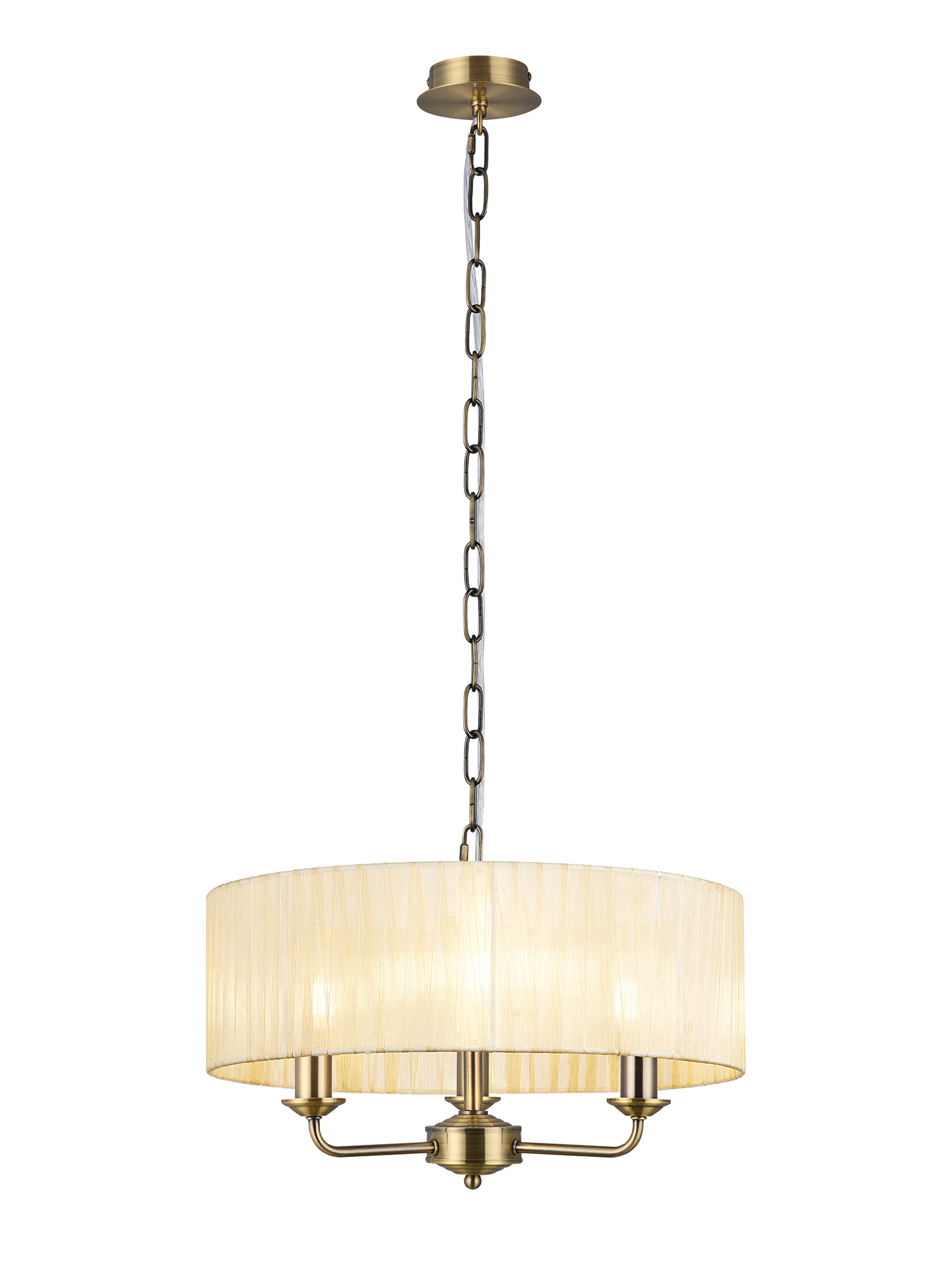 DK0865  Banyan 3 Light Multi Arm Pendant With 45cm x 15cm Organza Shade Antique Brass/Cream